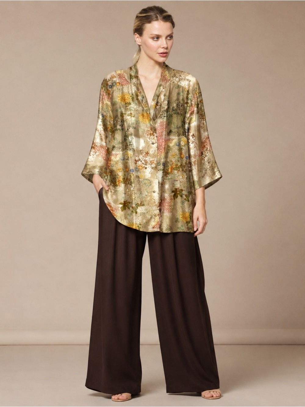 GO SILK WOMANS LUXURY SILK ASIAN INSPIRED ART TO WEAR FLORAL FALL TOP PLUS SZ 3X